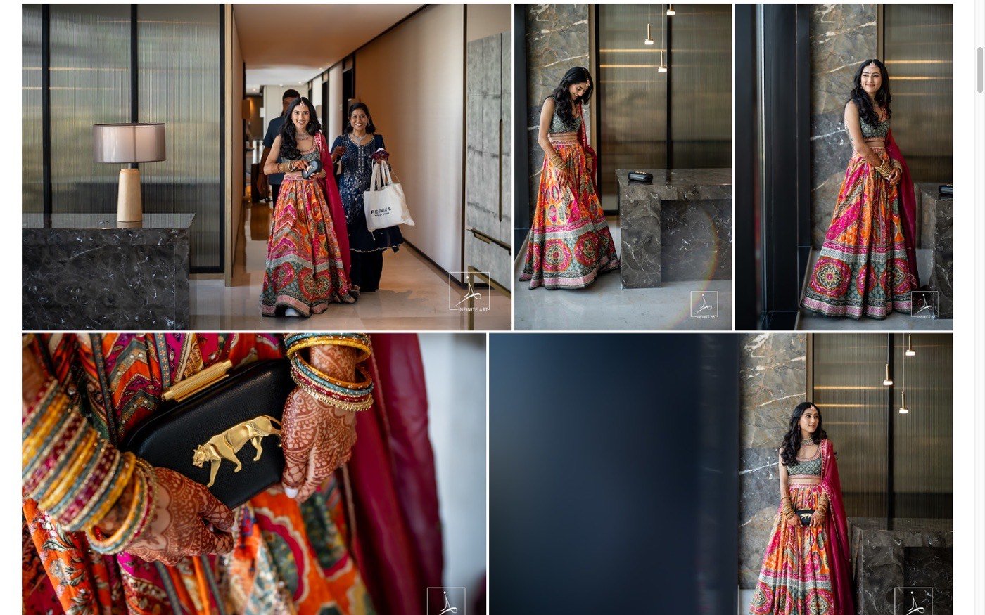 The photo grid in Srinand and Divya’s gallery, showing the bride in a bright lehenga with her family and a close-up of her mehendi and bangles