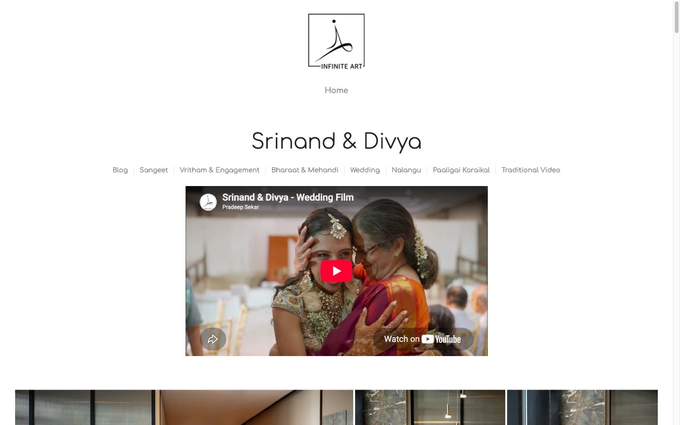 Srinand and Divya’s delivered gallery, with tabs for each event (Blog, Sangeet, Vritham & Engagement, Bharaat & Mehandi, Wedding, Nalangu, Paaligai Karaikal, Traditional Video) and their wedding film at the top